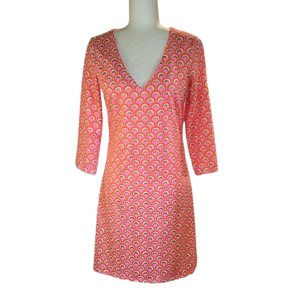 JB by Julie Brown Pink Orange Metallic Gold Geometric Print V-Neck Mini Dress  S - Picture 2 of 12